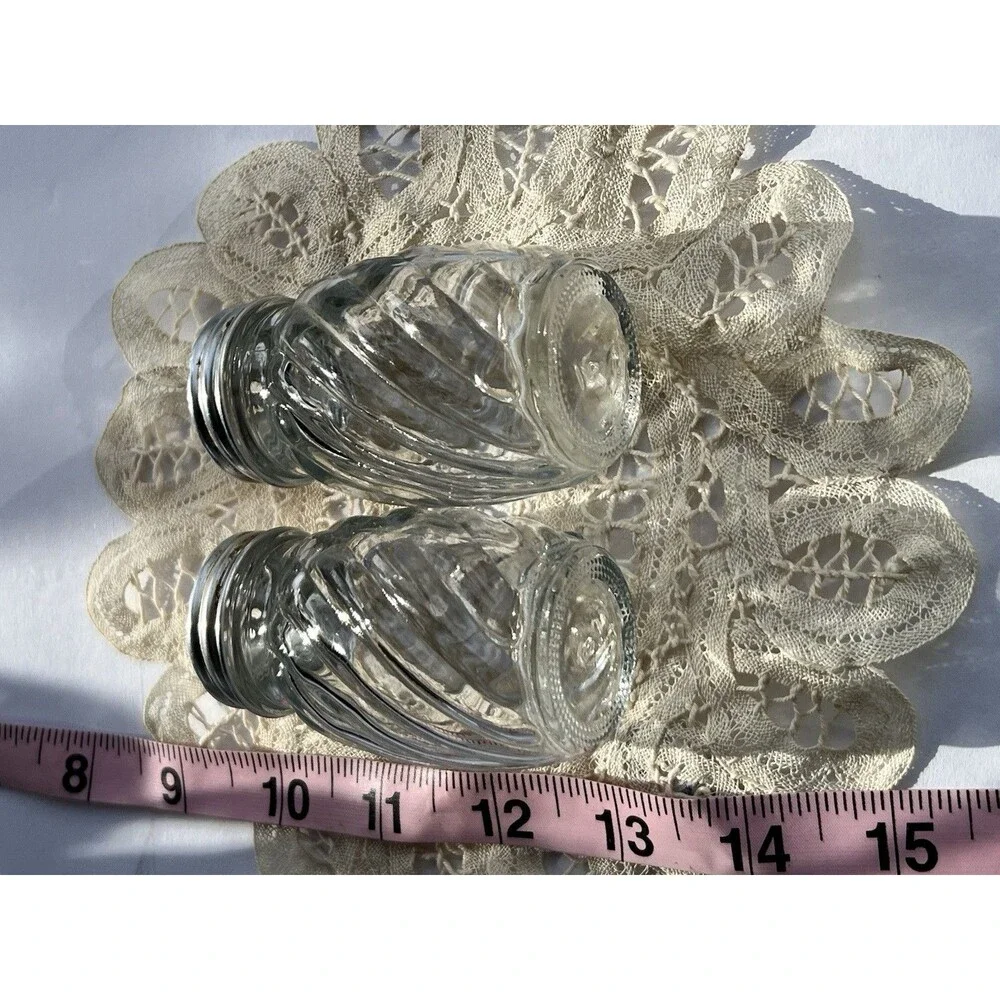 Vintage Clear Glass Swirl Design Silver Lid Aluminum Salt and Pepper Shakers